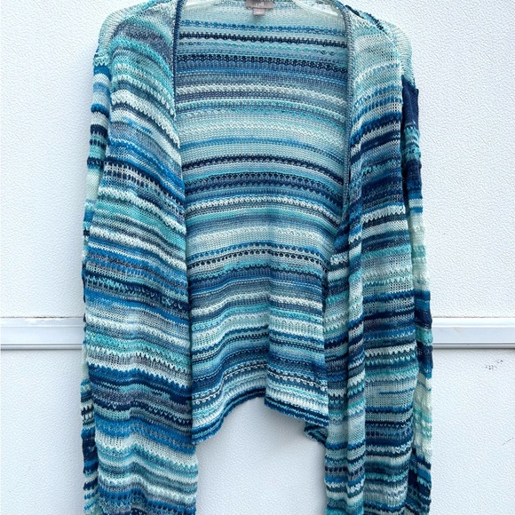 J Jill open front cardigan sweater large linen cotton blend blue striped knit - Picture 12 of 13